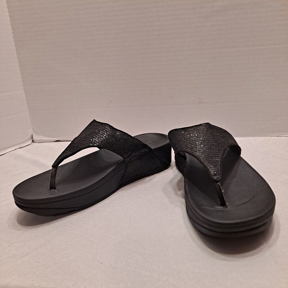 Fitflop Women's Lulu Thong Sandals Size 8 Black Glitter Wedge Platform Shoes